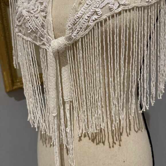 Vintage Beaded Fringe Shawl White Lace Floral Capelet Bridal Wrap Sparkly Party - Picture 5 of 13